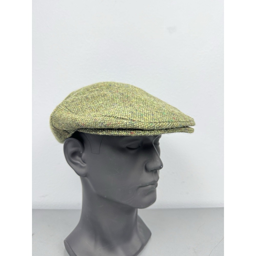 Vintage Tweed Wool Flat Cap Mens 7 3/8 Green Wool Newsboy Hat Ireland Fleck 70s